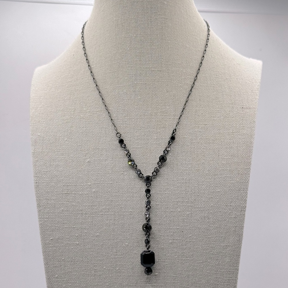 Givenchy Gunmetal Tone Crystal & Stone Lariat Necklace, 16" + 2” ext